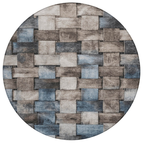 HomeRoots 5' Stylish Taupe and Denim Blue Striped Area Rug - Durable, Washable, Perfect for Indoor & Outdoor Spaces 8' Round 628316