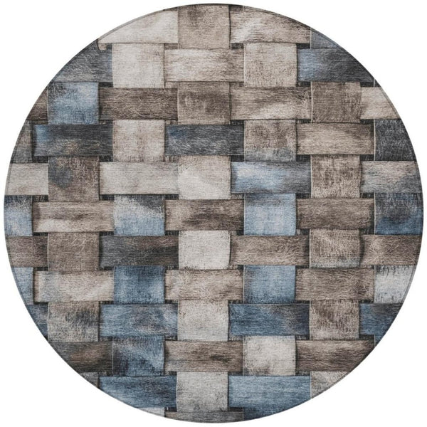 HomeRoots 5' Stylish Taupe and Denim Blue Striped Area Rug - Durable, Washable, Perfect for Indoor & Outdoor Spaces 8' Round 628316