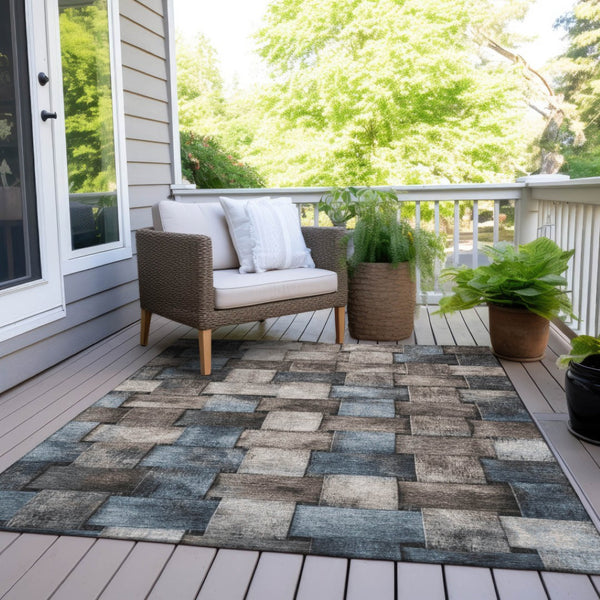 HomeRoots 5' Stylish Taupe and Denim Blue Striped Area Rug - Durable, Washable, Perfect for Indoor & Outdoor Spaces 9' X 12' 628318