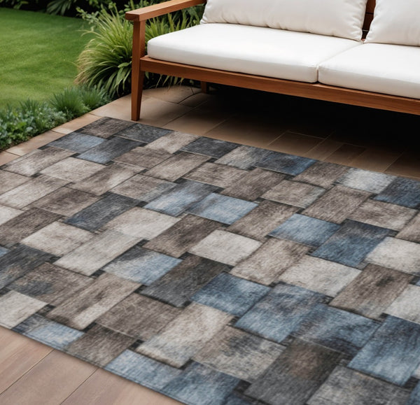 HomeRoots 5' Stylish Taupe and Denim Blue Striped Area Rug - Durable, Washable, Perfect for Indoor & Outdoor Spaces 10' X 14' 628319