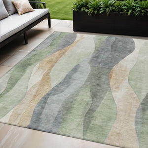 HomeRoots 5' Artichoke Green and Gray Abstract Area Rug - Modern Washable Design for Indoor and Outdoor Use 5' X 8' 628321
