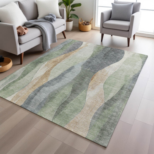 HomeRoots 5' Artichoke Green and Gray Abstract Area Rug - Modern Washable Design for Indoor and Outdoor Use 5' X 8' 628321