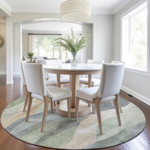 HomeRoots 5' Artichoke Green and Gray Abstract Area Rug - Modern Washable Design for Indoor and Outdoor Use 8' Round 628322