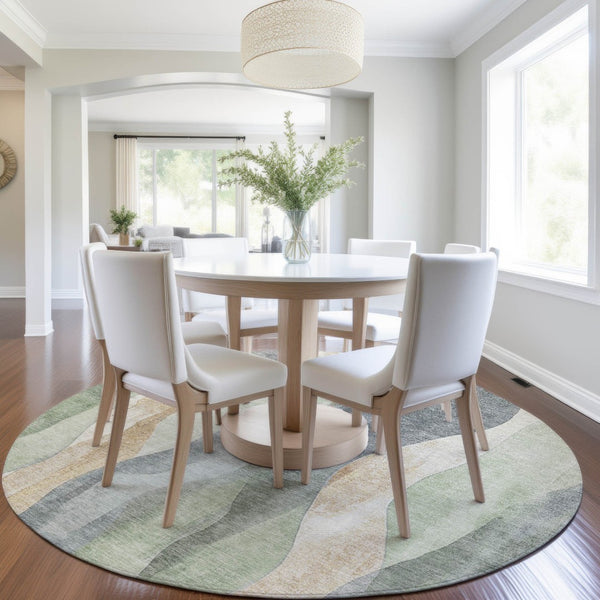 HomeRoots 5' Artichoke Green and Gray Abstract Area Rug - Modern Washable Design for Indoor and Outdoor Use 8' Round 628322