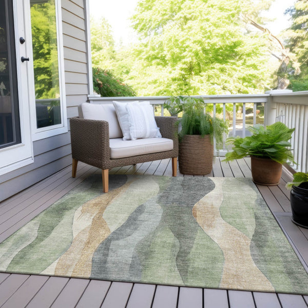HomeRoots 5' Artichoke Green and Gray Abstract Area Rug - Modern Washable Design for Indoor and Outdoor Use 9' X 12' 628324