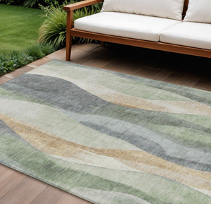HomeRoots 5' Artichoke Green and Gray Abstract Area Rug - Modern Washable Design for Indoor and Outdoor Use 10' X 14' 628325
