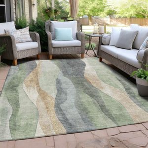 HomeRoots 5' Artichoke Green and Gray Abstract Area Rug - Modern Washable Design for Indoor and Outdoor Use 10' X 14' 628325