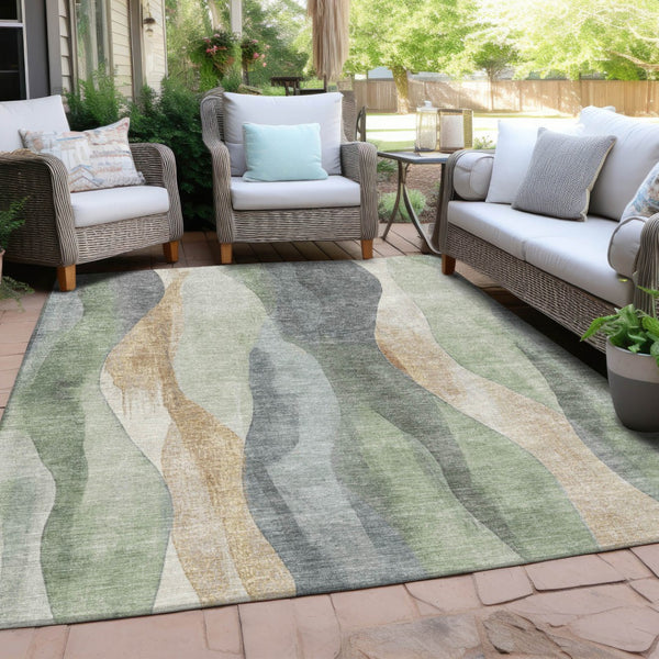 HomeRoots 5' Artichoke Green and Gray Abstract Area Rug - Modern Washable Design for Indoor and Outdoor Use 10' X 14' 628325
