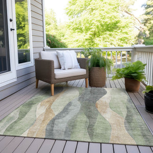 HomeRoots 5' Artichoke Green and Gray Abstract Area Rug - Modern Washable Design for Indoor and Outdoor Use 10' X 14' 628325