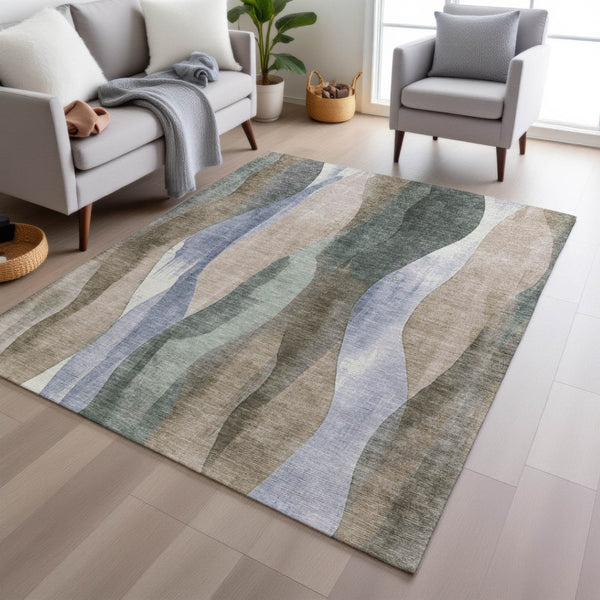 HomeRoots 5' Stylish Beige and Denim Blue Abstract Area Rug – Durable, Washable Indoor/Outdoor Design for Any Space 8' X 10' 628329