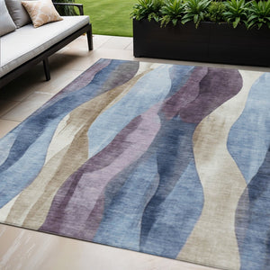 HomeRoots 5' Denim Blue and Purple Abstract Washable Area Rug for Indoor and Outdoor High-Traffic Spaces 5' X 8' 628333