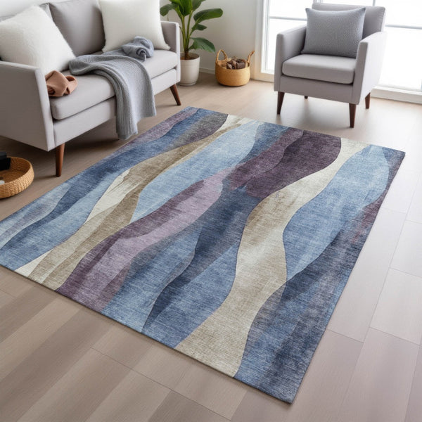 HomeRoots 5' Denim Blue and Purple Abstract Washable Area Rug for Indoor and Outdoor High-Traffic Spaces 5' X 8' 628333