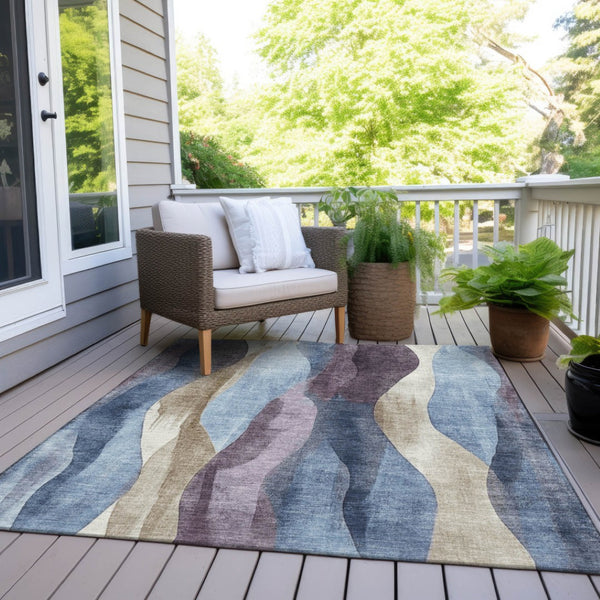 HomeRoots 5' Denim Blue and Purple Abstract Washable Area Rug for Indoor and Outdoor High-Traffic Spaces 5' X 8' 628333