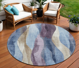 HomeRoots 5' Denim Blue and Purple Abstract Washable Area Rug for Indoor and Outdoor High-Traffic Spaces 8' Round 628334