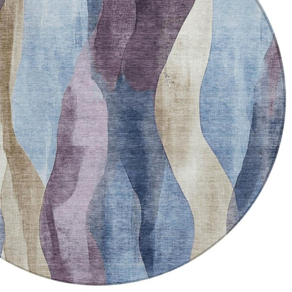 HomeRoots 5' Denim Blue and Purple Abstract Washable Area Rug for Indoor and Outdoor High-Traffic Spaces 8' Round 628334