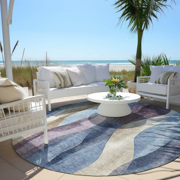 HomeRoots 5' Denim Blue and Purple Abstract Washable Area Rug for Indoor and Outdoor High-Traffic Spaces 8' Round 628334