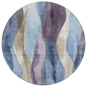 HomeRoots 5' Denim Blue and Purple Abstract Washable Area Rug for Indoor and Outdoor High-Traffic Spaces 8' Round 628334