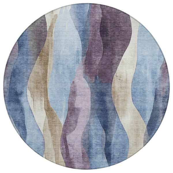 HomeRoots 5' Denim Blue and Purple Abstract Washable Area Rug for Indoor and Outdoor High-Traffic Spaces 8' Round 628334