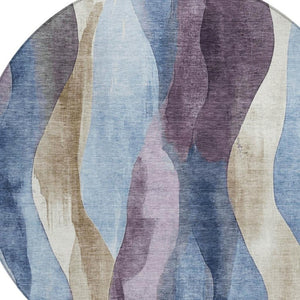 HomeRoots 5' Denim Blue and Purple Abstract Washable Area Rug for Indoor and Outdoor High-Traffic Spaces 8' Round 628334