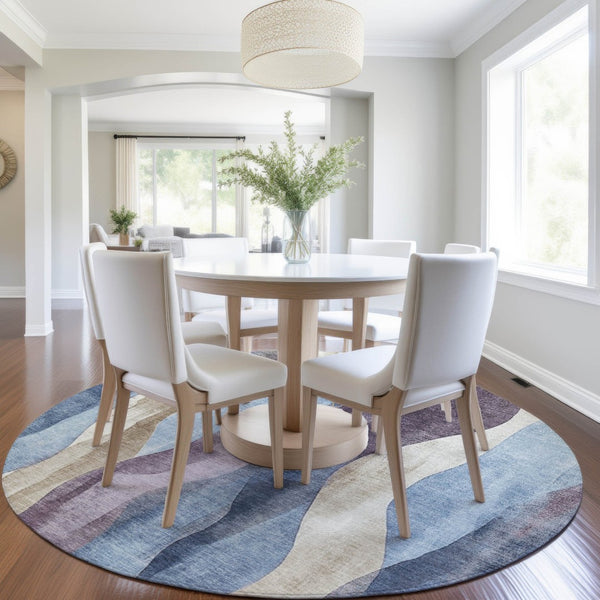 HomeRoots 5' Denim Blue and Purple Abstract Washable Area Rug for Indoor and Outdoor High-Traffic Spaces 8' Round 628334