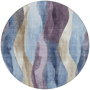 HomeRoots 5' Denim Blue and Purple Abstract Washable Area Rug for Indoor and Outdoor High-Traffic Spaces 8' Round 628334