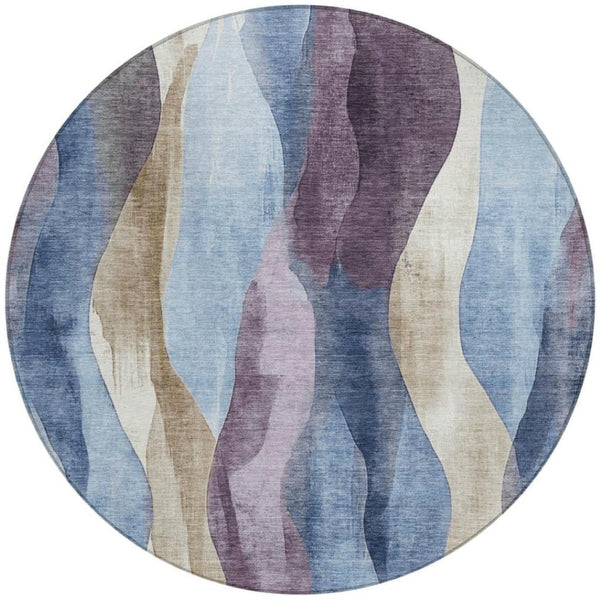HomeRoots 5' Denim Blue and Purple Abstract Washable Area Rug for Indoor and Outdoor High-Traffic Spaces 8' Round 628334