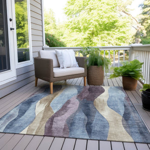 HomeRoots 5' Denim Blue and Purple Abstract Washable Area Rug for Indoor and Outdoor High-Traffic Spaces 8' X 10' 628335