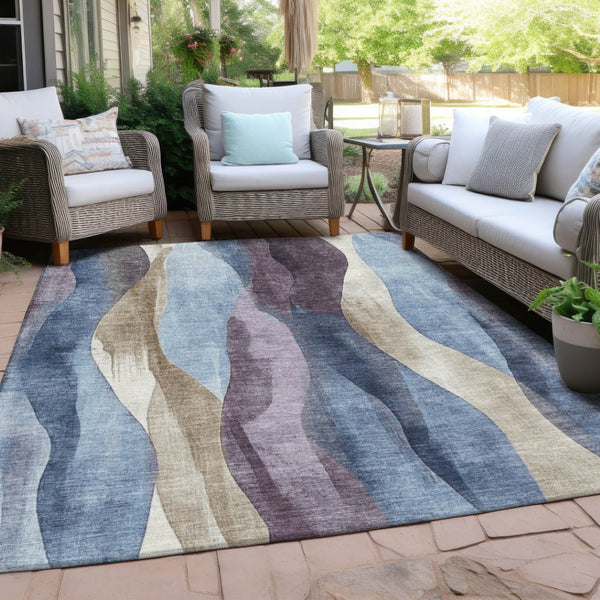 HomeRoots 5' Denim Blue and Purple Abstract Washable Area Rug for Indoor and Outdoor High-Traffic Spaces 9' X 12' 628336