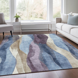 HomeRoots 5' Denim Blue and Purple Abstract Washable Area Rug for Indoor and Outdoor High-Traffic Spaces 10' X 14' 628337
