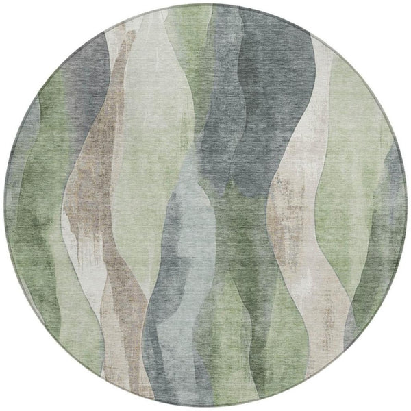 HomeRoots 5' Contemporary Fern Green & Gray Abstract Washable Area Rug for Indoor & Outdoor Spaces 8' Round 628340