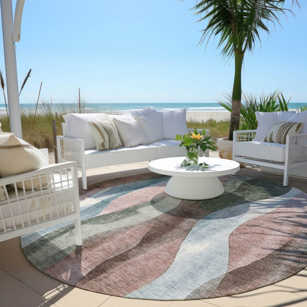HomeRoots 5' Vibrant Salmon and Denim Blue Abstract Area Rug - Durable, Washable, Indoor/Outdoor Style Essential 8' Round 628346