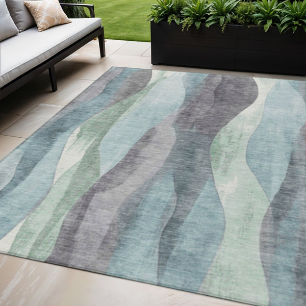 HomeRoots 5' Abstract Washable Area Rug in Teal Blue & Fern Green - Stylish Indoor/Outdoor Design for Any Space 5' X 8' 628351