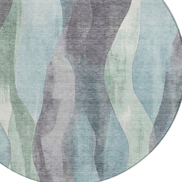 HomeRoots 5' Abstract Washable Area Rug in Teal Blue & Fern Green - Stylish Indoor/Outdoor Design for Any Space 8' Round 628352