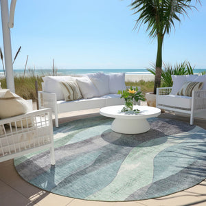 HomeRoots 5' Abstract Washable Area Rug in Teal Blue & Fern Green - Stylish Indoor/Outdoor Design for Any Space 8' Round 628352