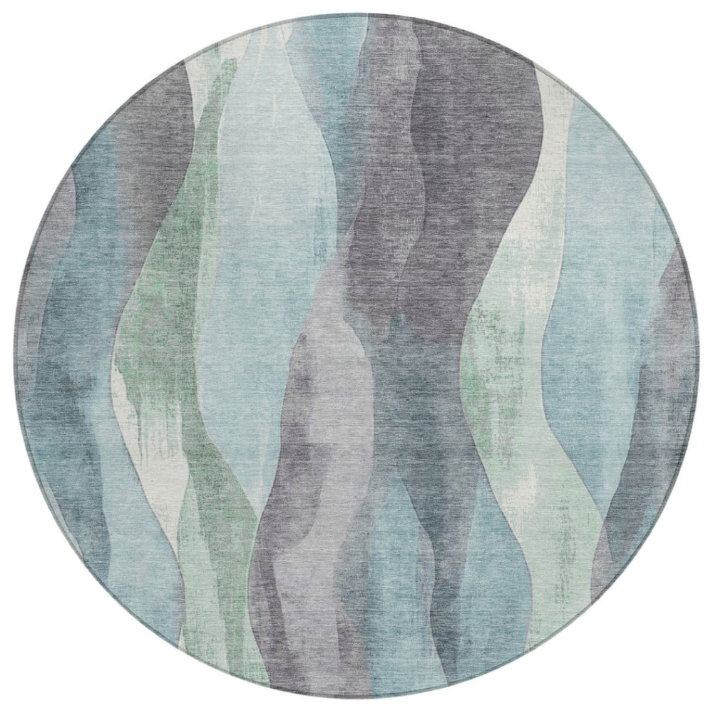 HomeRoots 5' Abstract Washable Area Rug in Teal Blue & Fern Green - Stylish Indoor/Outdoor Design for Any Space 8' Round 628352