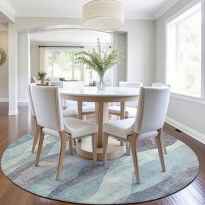 HomeRoots 5' Abstract Washable Area Rug in Teal Blue & Fern Green - Stylish Indoor/Outdoor Design for Any Space 8' Round 628352