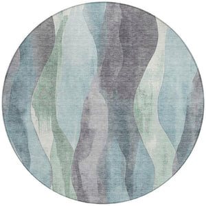 HomeRoots 5' Abstract Washable Area Rug in Teal Blue & Fern Green - Stylish Indoor/Outdoor Design for Any Space 8' Round 628352