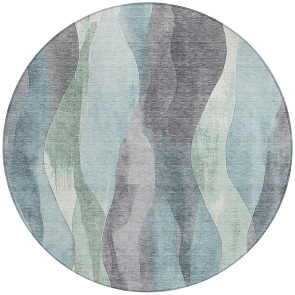 HomeRoots 5' Abstract Washable Area Rug in Teal Blue & Fern Green - Stylish Indoor/Outdoor Design for Any Space 8' Round 628352