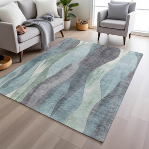 HomeRoots 5' Abstract Washable Area Rug in Teal Blue & Fern Green - Stylish Indoor/Outdoor Design for Any Space 8' X 10' 628353
