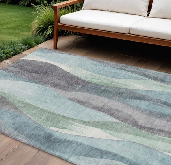 HomeRoots 5' Abstract Washable Area Rug in Teal Blue & Fern Green - Stylish Indoor/Outdoor Design for Any Space 9' X 12' 628354