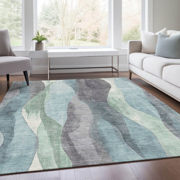 HomeRoots 5' Abstract Washable Area Rug in Teal Blue & Fern Green - Stylish Indoor/Outdoor Design for Any Space 9' X 12' 628354