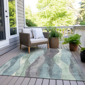 HomeRoots 5' Abstract Washable Area Rug in Teal Blue & Fern Green - Stylish Indoor/Outdoor Design for Any Space 10' X 14' 628355