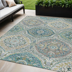 HomeRoots 5' Elegant Washable Area Rug in Teal and Fern Green Floral Design for Indoor & Outdoor Spaces 5' X 8' 628369