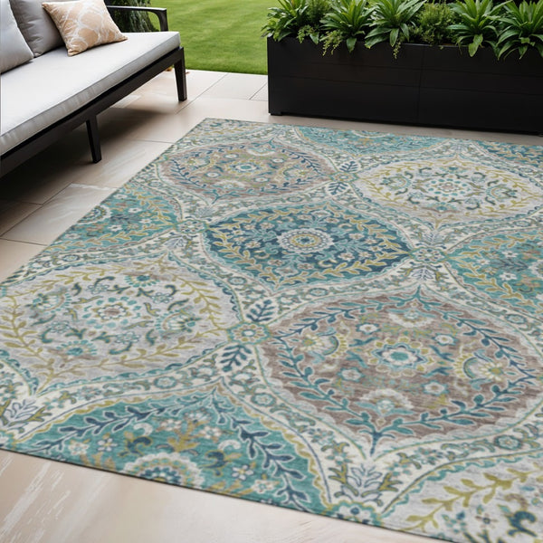 HomeRoots 5' Elegant Washable Area Rug in Teal and Fern Green Floral Design for Indoor & Outdoor Spaces 5' X 8' 628369