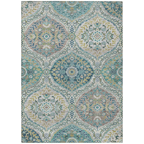 HomeRoots 5' Elegant Washable Area Rug in Teal and Fern Green Floral Design for Indoor & Outdoor Spaces 5' X 8' 628369