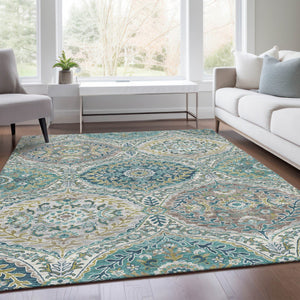 HomeRoots 5' Elegant Washable Area Rug in Teal and Fern Green Floral Design for Indoor & Outdoor Spaces 5' X 8' 628369
