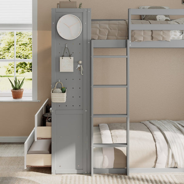 English Elm Twin Bunk Bed with Storage Drawers Hanging Rail Led Shelves and Pegboard Organizer Gray LT000282AAE