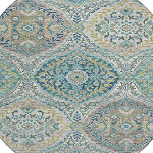 HomeRoots 5' Elegant Washable Area Rug in Teal and Fern Green Floral Design for Indoor & Outdoor Spaces 8' Round 628370