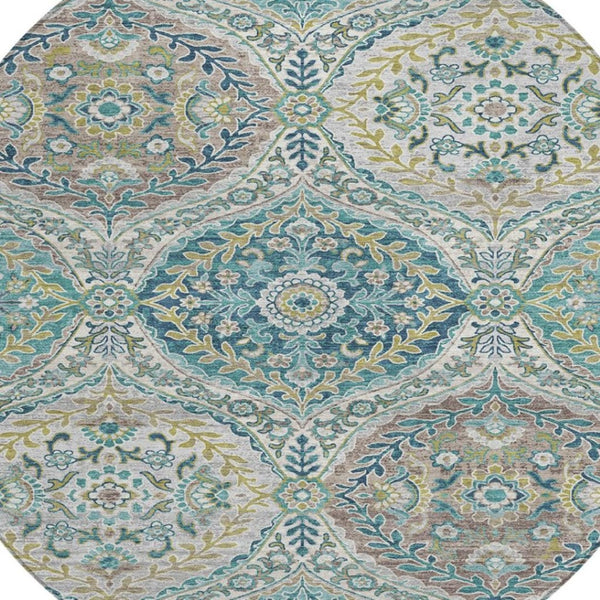 HomeRoots 5' Elegant Washable Area Rug in Teal and Fern Green Floral Design for Indoor & Outdoor Spaces 8' Round 628370