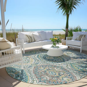 HomeRoots 5' Elegant Washable Area Rug in Teal and Fern Green Floral Design for Indoor & Outdoor Spaces 8' Round 628370